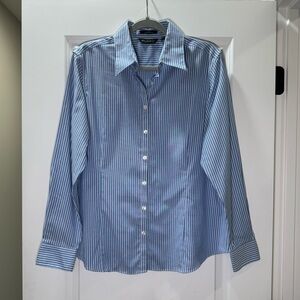 Eddie Bauer Button Up Shirt Women Size XL Blue White Striped Nautical Office Top